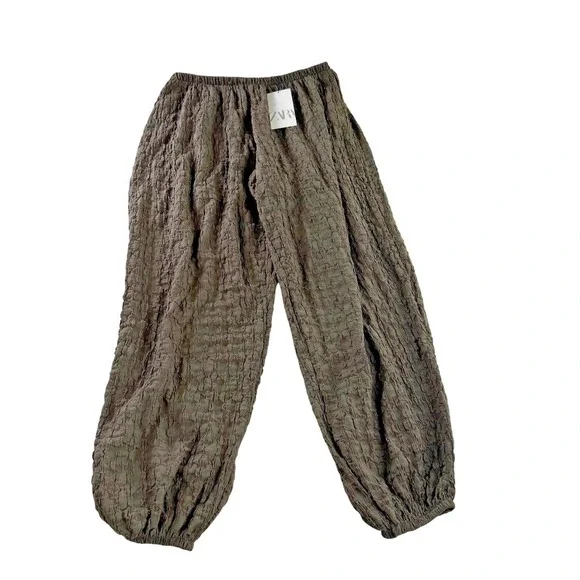 NWT Zara High-Waisted Balloon Style Joggers Olive Green Textured Bohemian Large - Picture 6 of 14